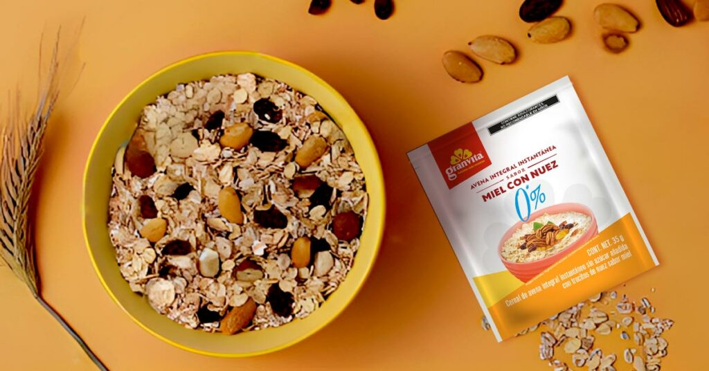 Imagen sobre de avena instantánea 0 % azúcar sabor miel con nuez 