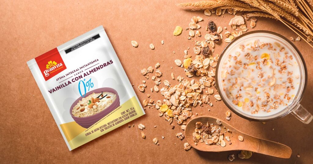 Imagen sobre de avena instantánea 0 % azúcar sabor vainilla con almendras 